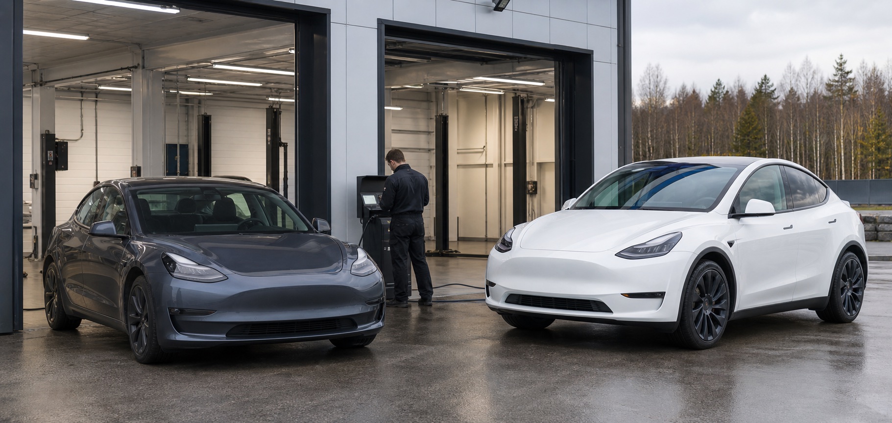 Электромобили Tesla на площадке осмотра